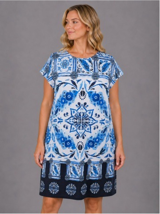 Mely New York Dresses & Skirts - Mely New York Blue White Tile Print Shift Dress Mediterranean Beachy Size XL